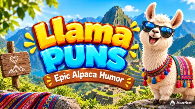 Llama Puns featured image with a smiling llama in sunglasses, colorful woven clothing, and bold 3D lettering.