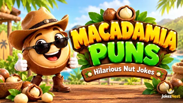 Macadamia Puns thumbnail featuring a smiling macadamia nut mascot in a cowboy hat and sunglasses. Copy Alt Text