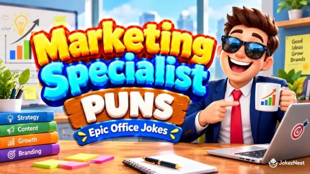 Marketing Specialist Puns featured image with a smiling marketer in sunglasses and a navy suit holding a growth-chart mug beside bold 3D text.