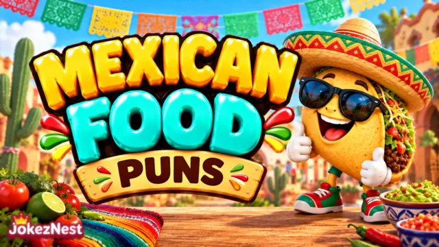 Mexican Food Puns featured image with glossy 3D lettering and a cheerful taco mascot wearing a sombrero and sunglasses.