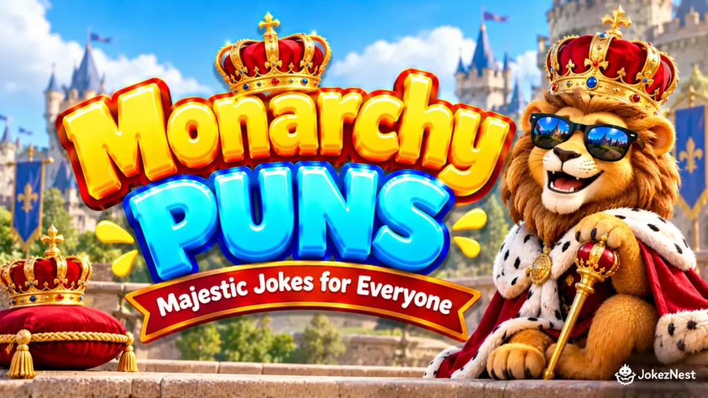 Monarchy Puns featured image with a smiling lion king wearing a jeweled crown and red royal robe beside bold 3D lettering.
