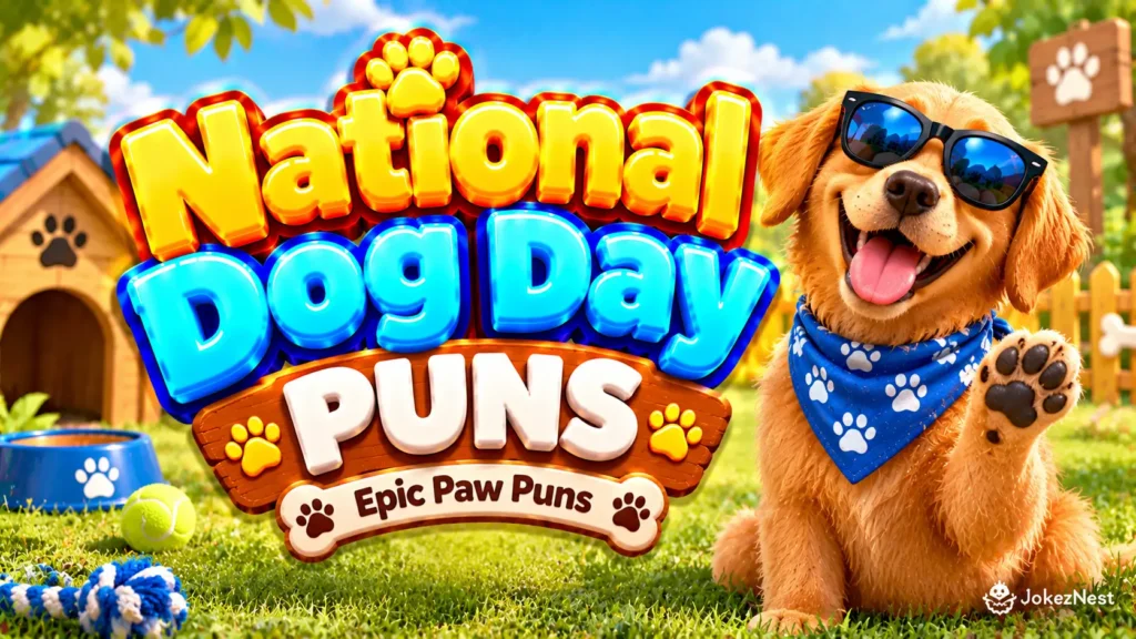 National Dog Day Puns featured image with a smiling golden retriever in sunglasses and a blue paw-print bandana.