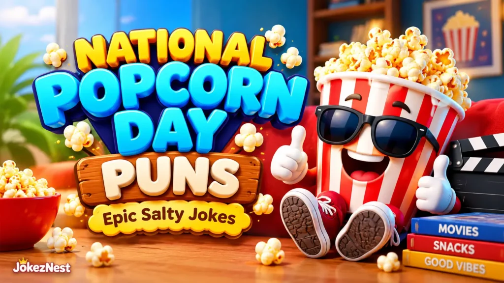 National Popcorn Day Puns featured image with glossy 3D lettering and a cheerful popcorn mascot wearing sunglasses.