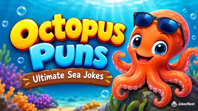 Octopus Puns featured image with a cheerful orange octopus and bold 3D ocean-themed typography.