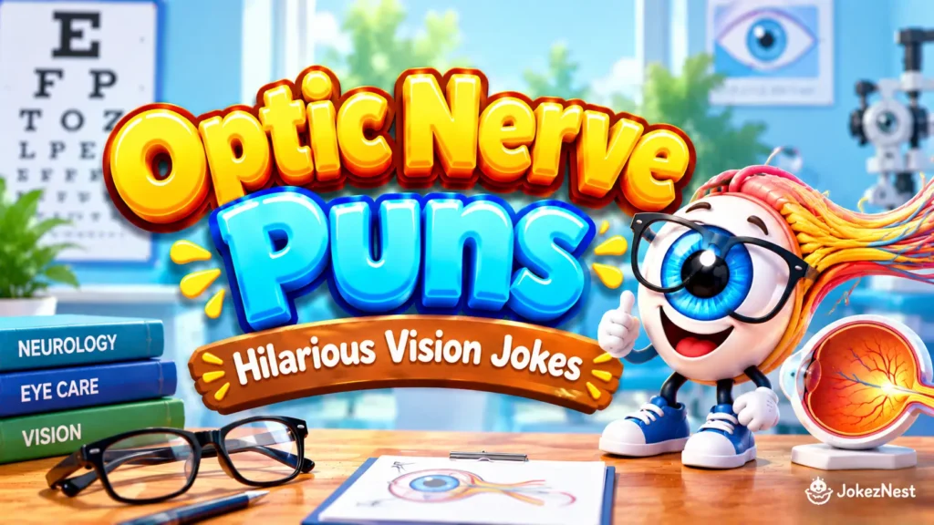 Optic Nerve Puns thumbnail with a smiling blue-eyed mascot wearing glasses beside a colorful optic nerve model.