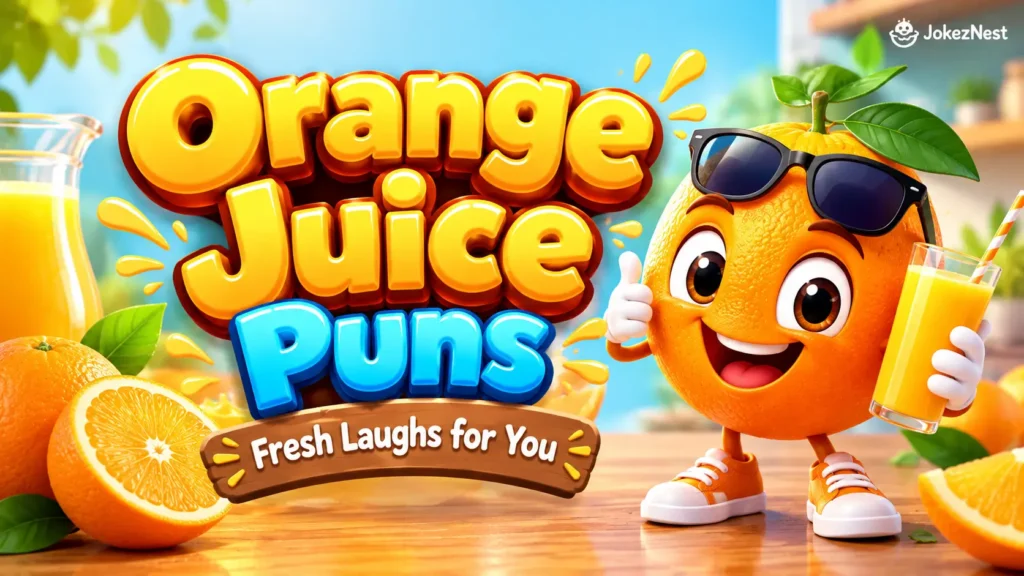 Orange Juice Puns thumbnail with a cheerful orange mascot holding a glass of fresh juice beside bold 3D lettering.