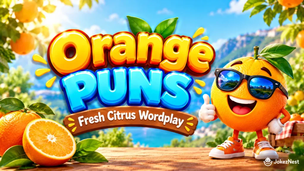 Orange Puns (Fruit) featured image with a smiling orange mascot wearing sunglasses and bold 3D lettering.