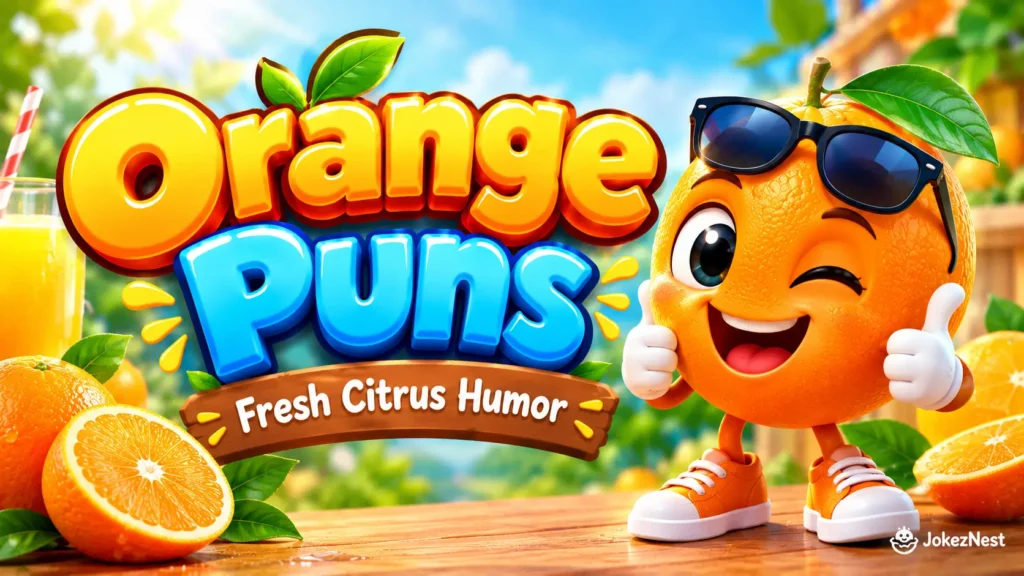 Orange Puns featured image with a cheerful orange mascot wearing sunglasses, fresh orange slices, and bold 3D lettering.