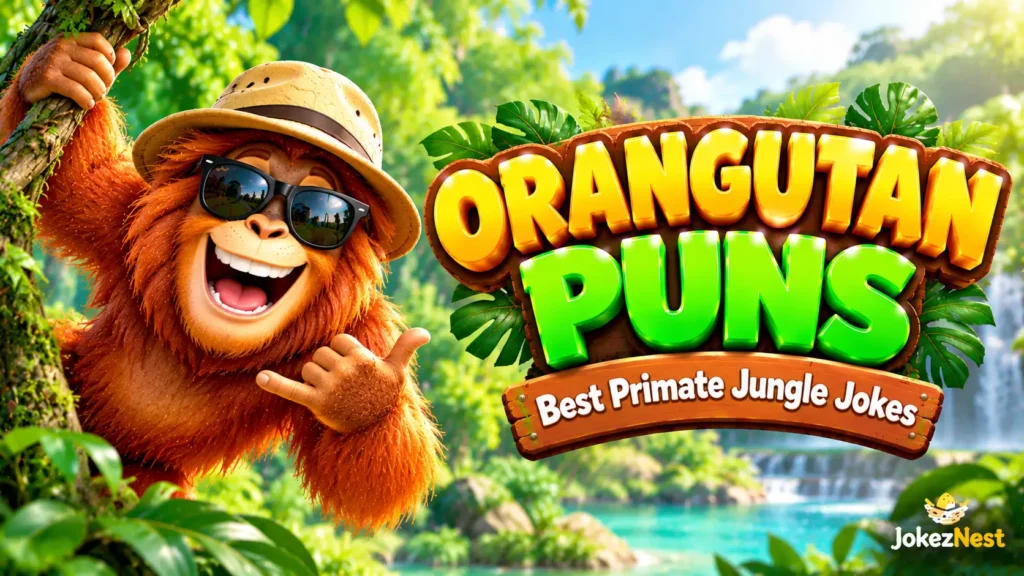Orangutan Puns thumbnail featuring a smiling orange orangutan in sunglasses and a safari hat in a lush jungle.
