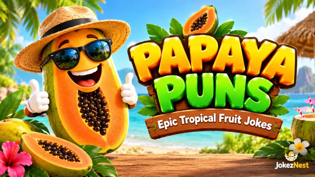 Papaya Puns thumbnail featuring a smiling tropical papaya mascot in sunglasses and a straw hat. Copy Alt Text