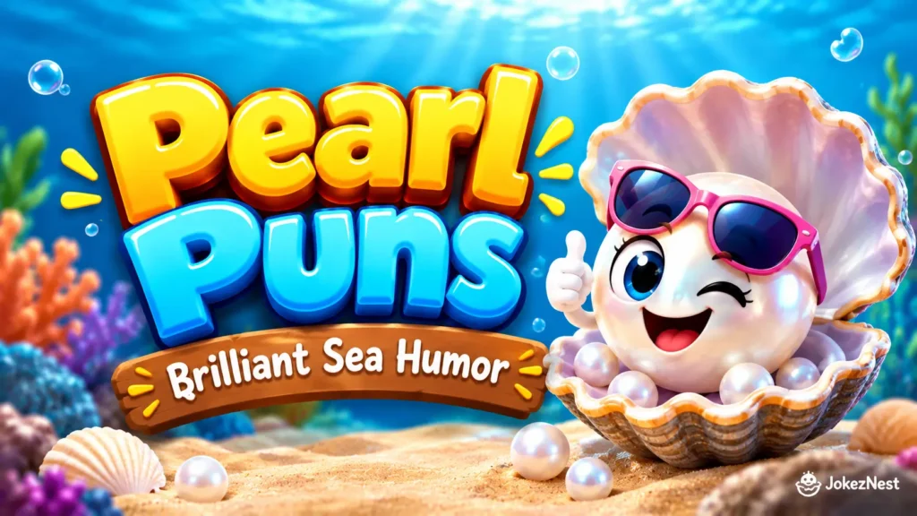 Pearl Puns featured image with a smiling pearl in pink sunglasses inside an oyster shell and bold 3D lettering.