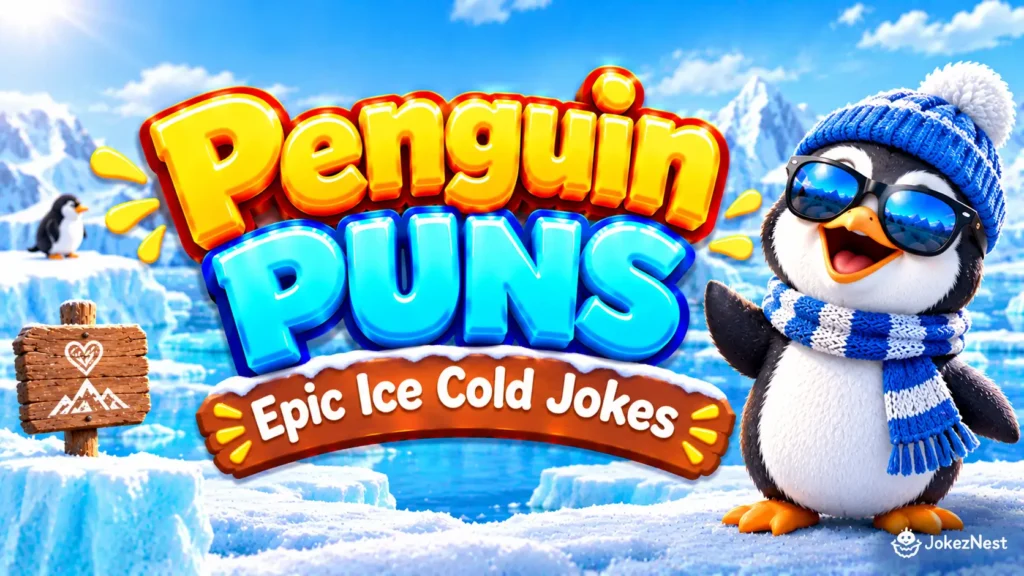Penguin Puns featured image with a cheerful penguin wearing sunglasses, a blue winter hat, and a scarf beside bold 3D text.