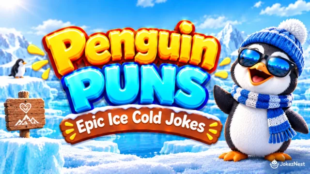 Penguin Puns featured image with a cheerful penguin wearing sunglasses, a blue winter hat, and a scarf beside bold 3D text.