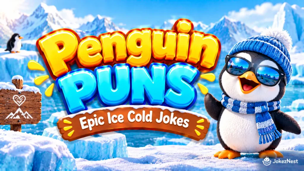 Penguin Puns featured image with a cheerful penguin in sunglasses, a blue winter hat, and scarf beside bold 3D lettering.