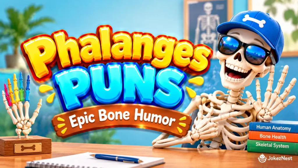 Phalanges Puns featured image with a smiling skeleton in sunglasses and a blue cap beside colorful 3D lettering.