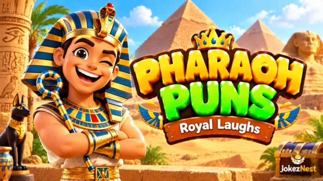 Pharaoh Puns thumbnail with a smiling cartoon pharaoh, golden pyramids, and bold colorful 3D lettering.