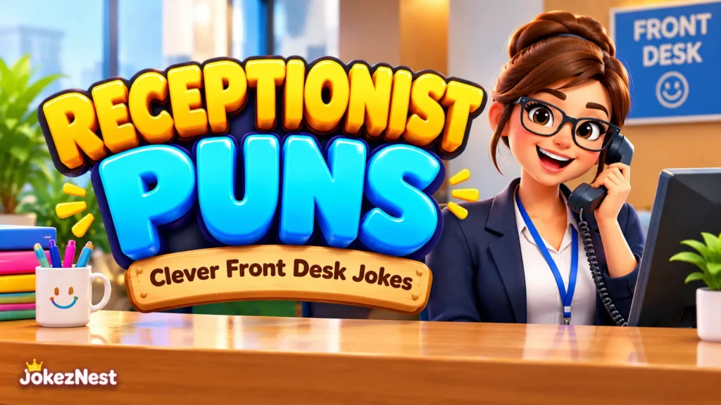 Receptionist Puns featured image with glossy 3D lettering and a smiling receptionist answering a phone at the front desk.