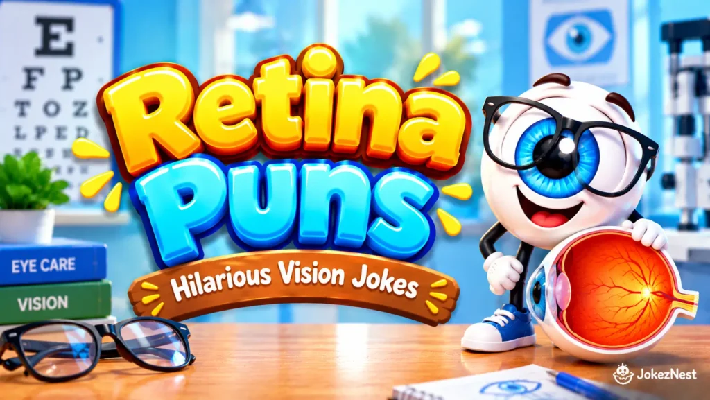 Retina Puns featured image with a smiling blue-eyed mascot wearing glasses beside a colorful retina model and bold 3D text.