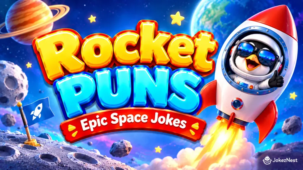 Rocket Puns featured image with a penguin astronaut riding a rocket beside bold yellow and blue 3D lettering in space.