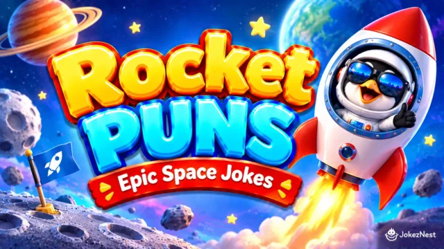 Rocket Puns featured image with a penguin astronaut riding a rocket beside bold yellow and blue 3D lettering in space.