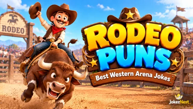 Rodeo Puns thumbnail featuring a cheerful cowboy riding a bucking bull in a colorful Western arena. Copy Alt Text