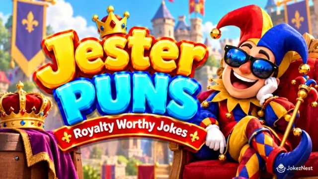 Jester Puns featured image with a smiling royal jester in a colorful red, blue, and gold costume beside bold 3D lettering.