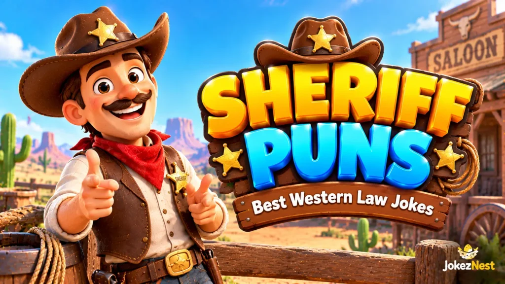 Sheriff Puns thumbnail featuring a smiling cowboy sheriff with a gold star badge and a Wild West town backdrop. Copy Alt Text