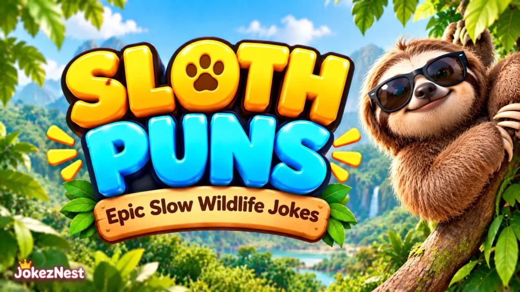 Sloth Puns featured image with glossy 3D yellow and blue lettering and a smiling sloth wearing sunglasses in a rainforest.