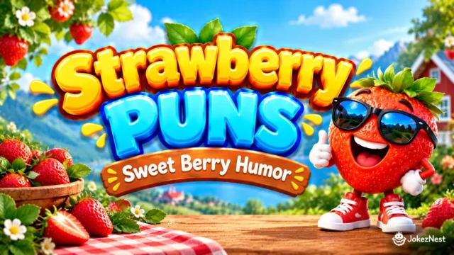 Strawberry Puns featured image with a smiling strawberry mascot wearing sunglasses, fresh berries, and bold 3D lettering.