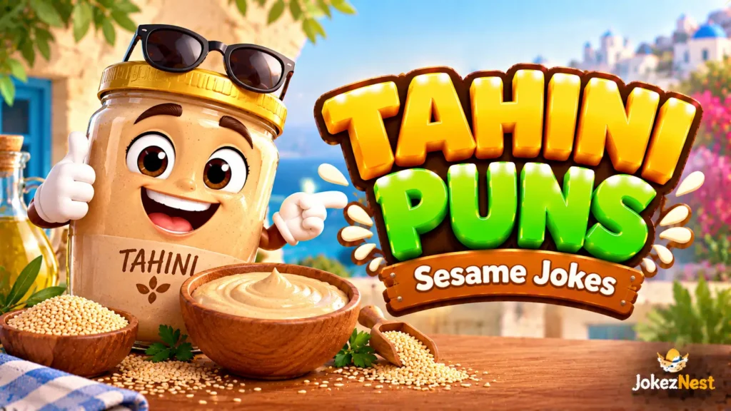 Tahini Puns thumbnail featuring a smiling tahini jar mascot, sesame seeds, and bold glossy 3D lettering.