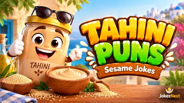 Tahini Puns thumbnail featuring a smiling tahini jar mascot, sesame seeds, and bold glossy 3D lettering.