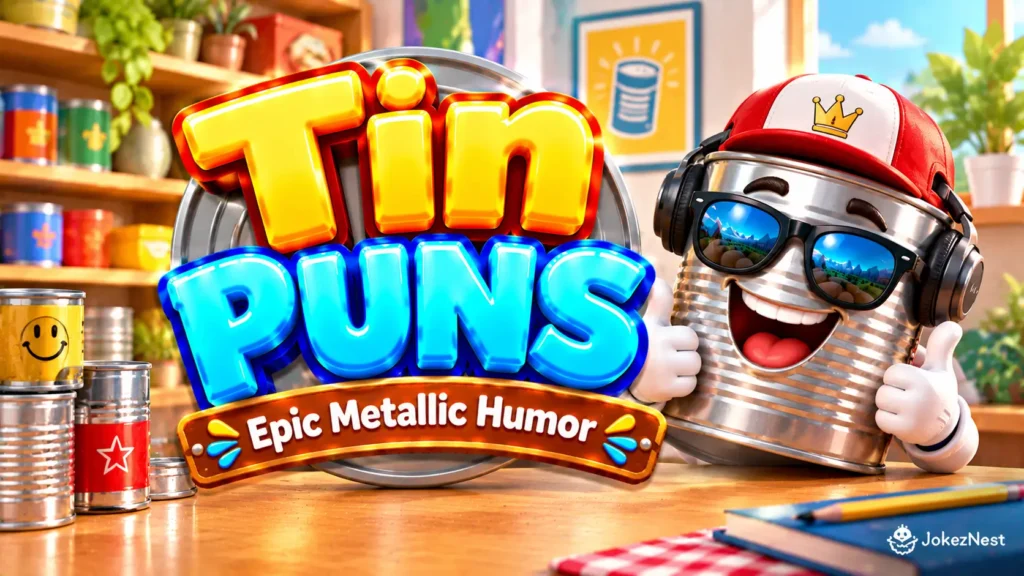 Tin Puns featured image with a smiling silver tin can mascot wearing sunglasses, headphones, and a red cap beside bold 3D lettering.