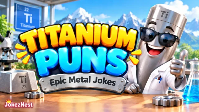 Titanium Puns featured image with glossy 3D lettering and a smiling titanium scientist in sunglasses.