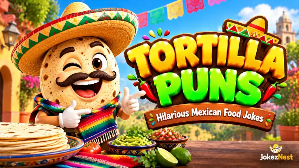 Tortilla Puns thumbnail featuring a smiling tortilla mascot in a sombrero with colorful 3D lettering.