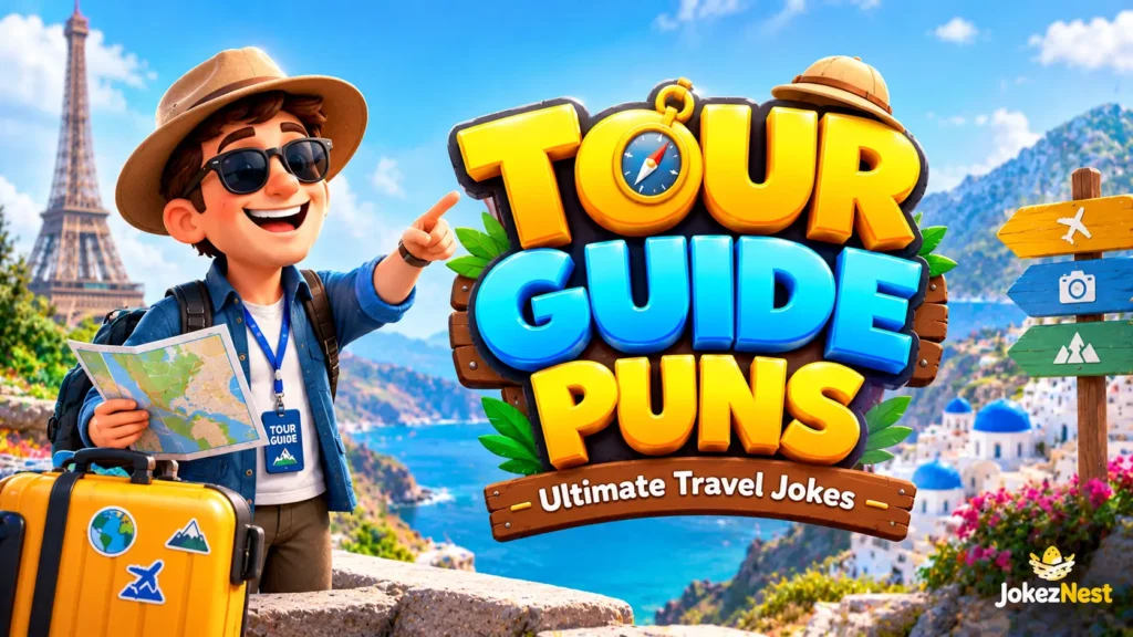 Tour Guide Puns thumbnail featuring a cheerful travel guide, map, yellow suitcase, and scenic coastal destination. Copy Alt Text