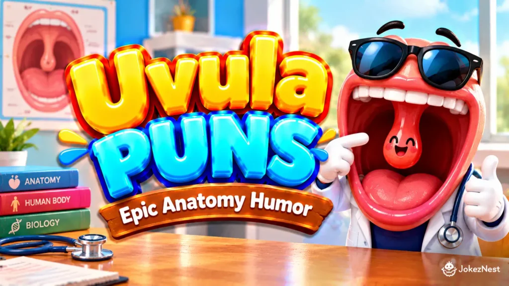 Uvula Puns featured image with a smiling mouth mascot in sunglasses and a lab coat beside bold yellow and blue 3D lettering.