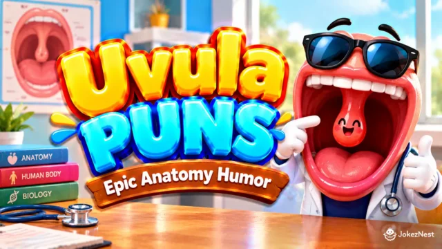 Uvula Puns featured image with a smiling mouth mascot in sunglasses and a lab coat beside bold yellow and blue 3D lettering.