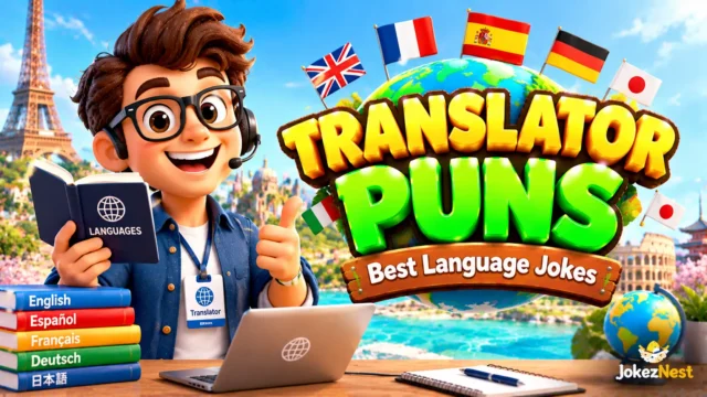Translator Puns thumbnail featuring a cheerful translator with glasses, a headset, language books, and colorful 3D text.