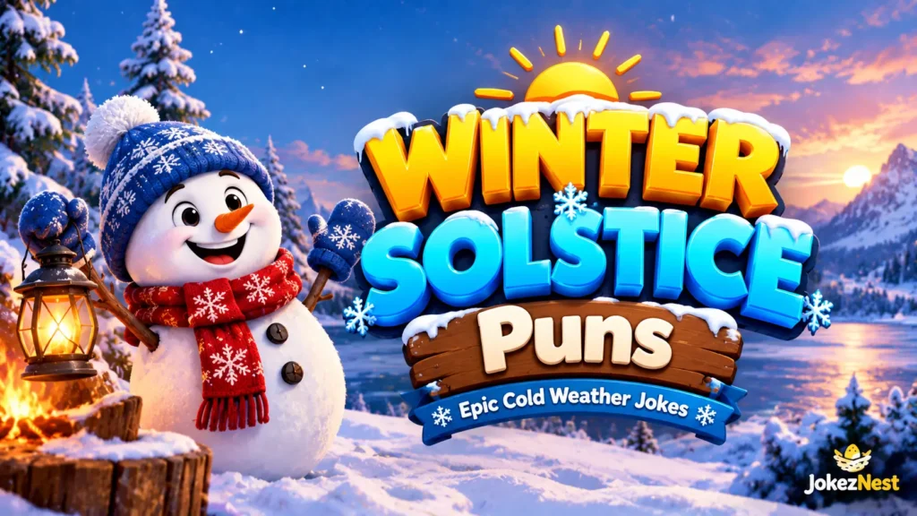 Winter Solstice Puns thumbnail featuring a cheerful snowman, snowy mountains, and colorful 3D lettering. Copy Alt Text