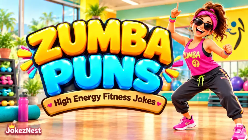 Zumba Puns featured image with bold 3D lettering and a cheerful instructor dancing in a colorful fitness studio.